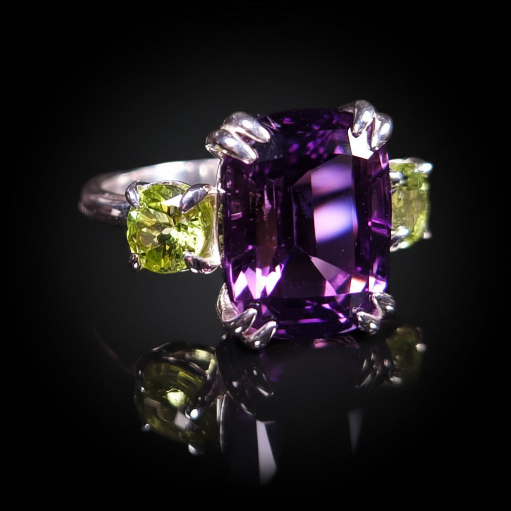 6 ct Dark Violet Amethyst & Peridots - Sterling Silver Ring